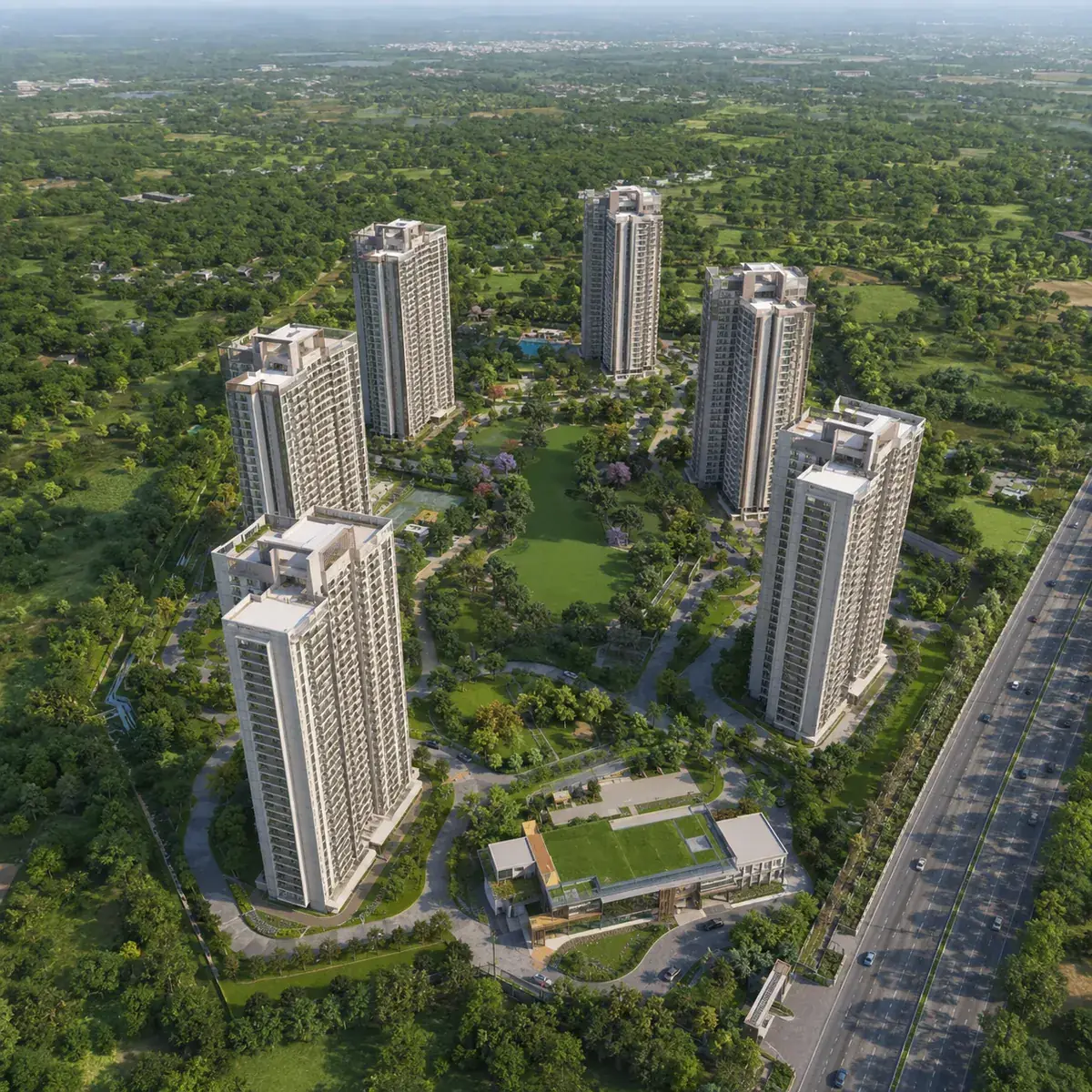 Brigade Gunjur aerial view — 39-acre six-tower township at Gunjur Village, Varthur Road
