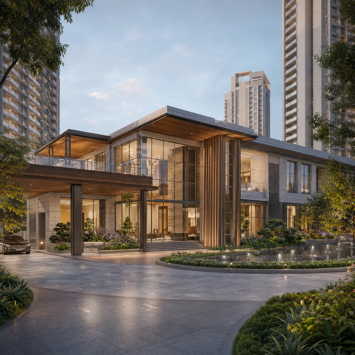 Brigade Gunjur multi-level clubhouse entrance with double-height lobby