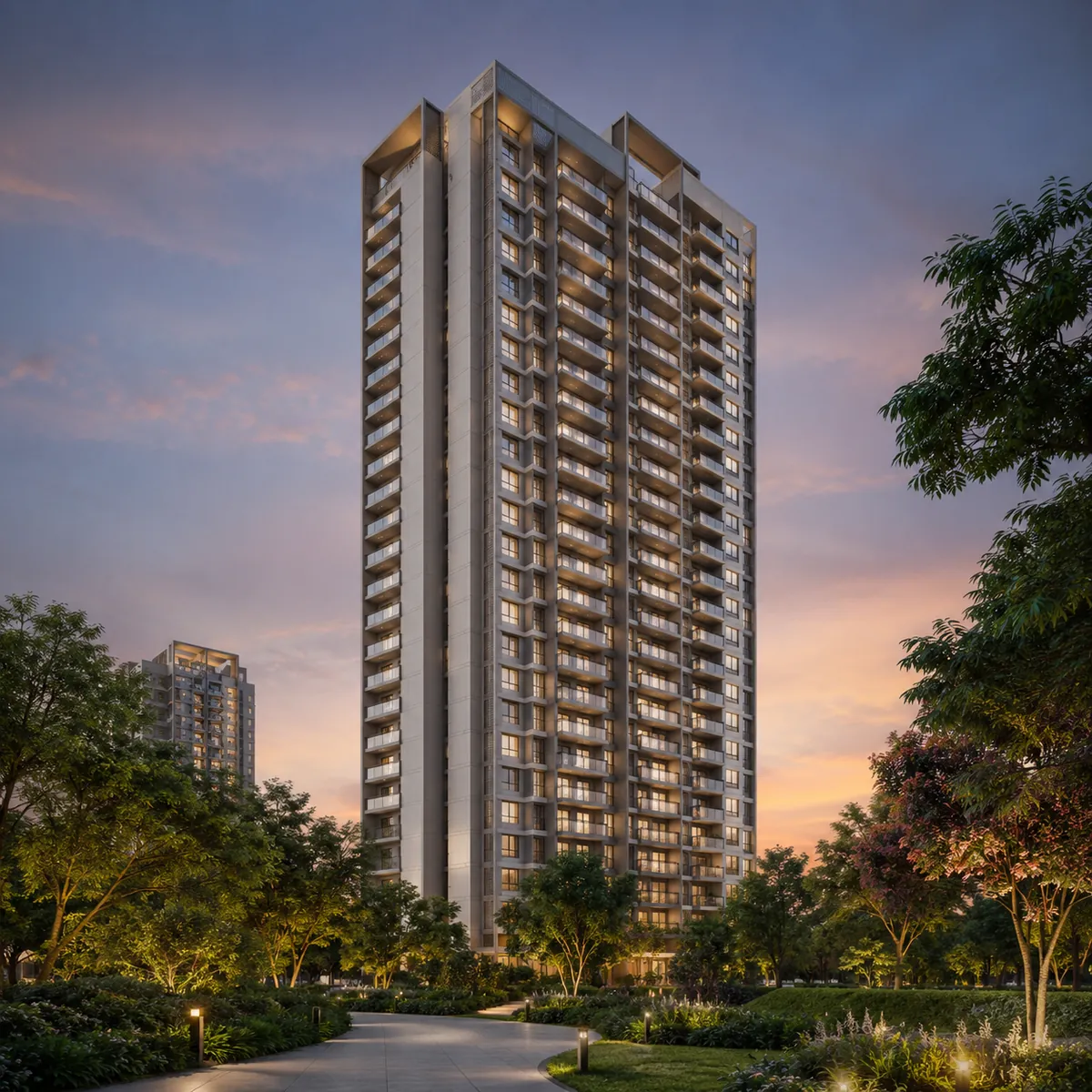 Brigade Gunjur tower exterior — Ground+21 high-rise elevation at dusk