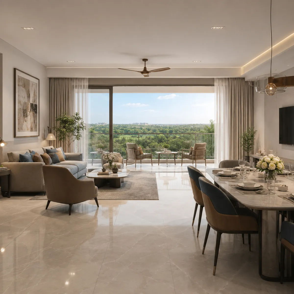 Brigade Gunjur living and dining interior with balcony outlook